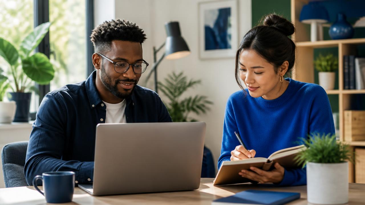 Two remote professionals collaborating in a bright home office